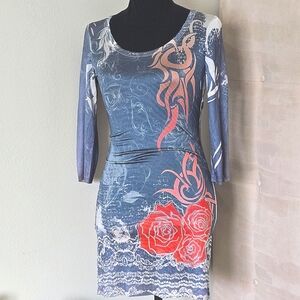 Bodycon Mini Dress, Orange Gray-Blue & Silver 3/4 Sleeves Bedazzled Tribal Roses